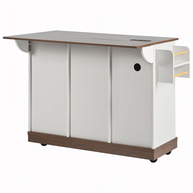 55.5" Farmhouse Kitchen Island with Drop Leaf, Kitchen Storage Island with Barn Door, Power Outlet, Rolling Kitchen Cart on Wheels with Spice Rack, for Home, Kitchen, Dining Room, White