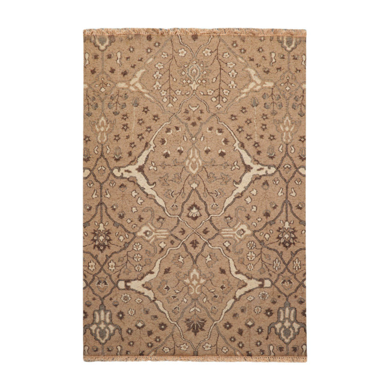 Tapis unique en laine noué à la main de couleur chameau / beige / chocolat 4 pi x 5 pi 1 po