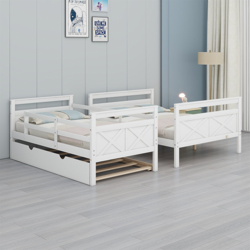 Bunk Bed With Ladder,Trundle And Guardrail, White