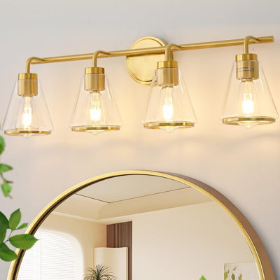 Gold Vanity Light 4 Light Bathroom Vanity Light Fixtures Over Mirror With Clear Glass Shade, 30 Inch Lights For Bathroom Modern Wall Sconce Lighting