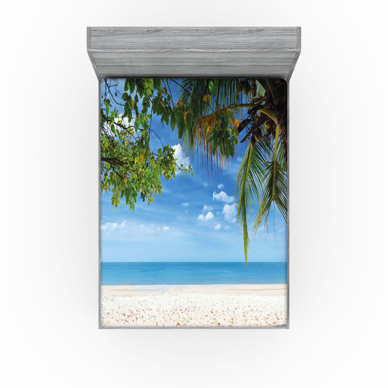 Ambesonne Summer Fitted Sheet 2-Pack Tropical Beach Ocean Fern Green Sky Blue, California King Sheet Set