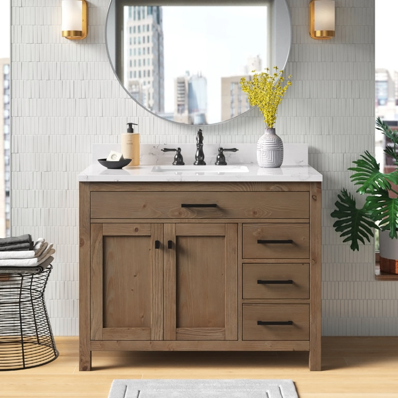 Ensemble de meuble-lavabo simple 42 po Ajiya, Naturel texturé / noir mat, Blanc de Carrare