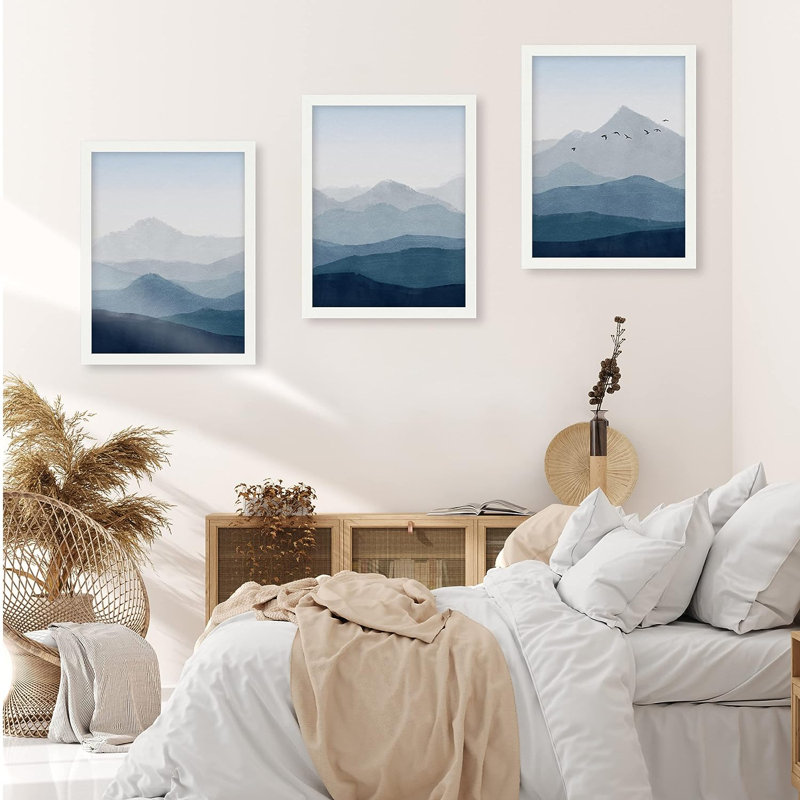 Paysage abstrait, art mural encadré montagne bleue, ensemble de 3 estampes de paysage d'oiseaux du ciel gamme, décoration murale nature sauvage pour salon, chambre à coucher 3 pièces