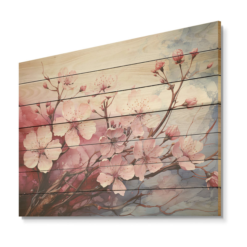 «Pink Blossom Cheery Tree Wind I - Cerisier sur bois», H 34 po x l 44 po x P 0,78 po