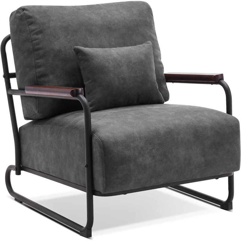 Accent Chair, Upholstered Reading Chair, Wooden Armrests Guest Chair, Grey