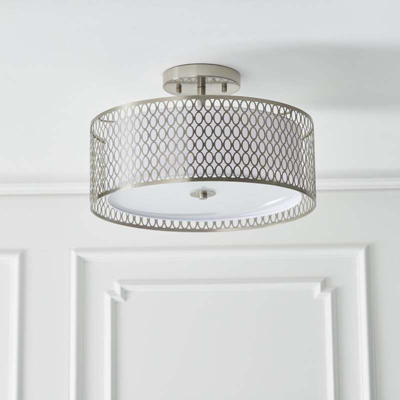 Erika Semi Flush Mount, Satin Nickel/White Fabric/Frosted Glass