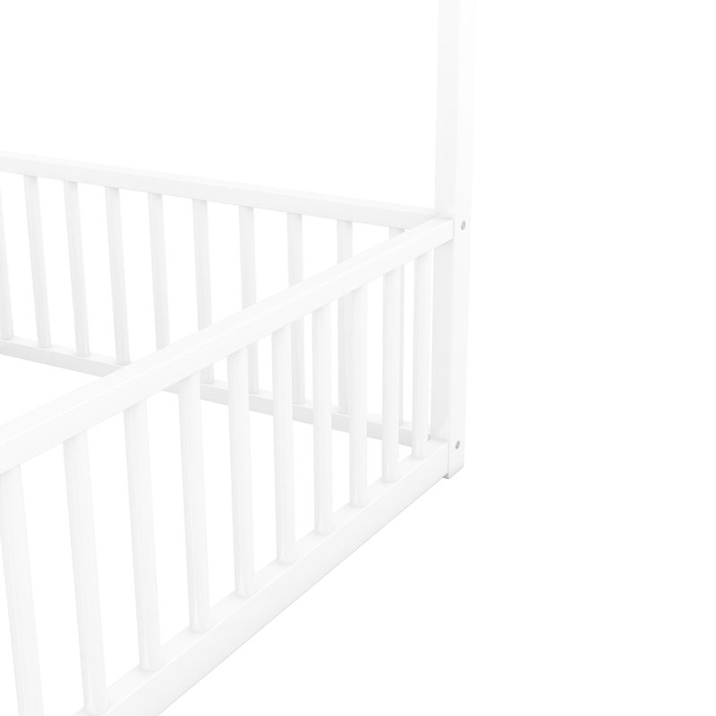 Lit plateforme simple en métal, barrière de sécurité en forme de maison, maison de taille blanche avec garde-corps, cadre pour