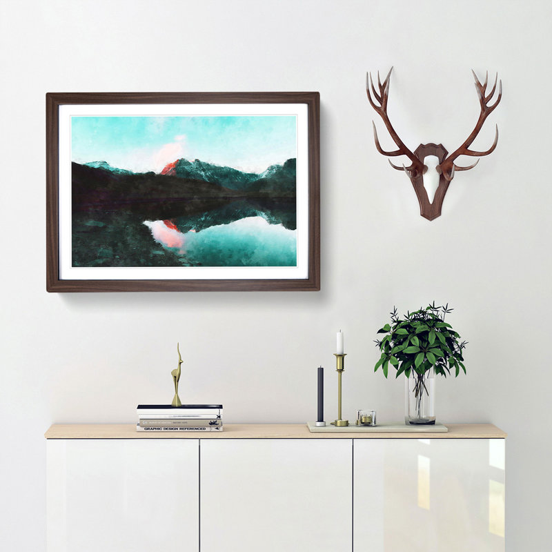Mountain Reflection in France - Picture Frame Painting Print, 62cm H x 87cm W x 2cm D, Walnut Framed
