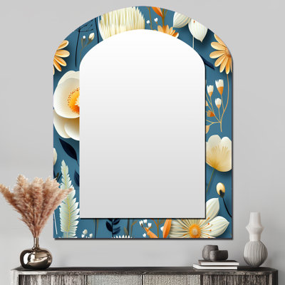 Motif côtier de la faune et de la côte côtière - grand miroir mural arqué floral, miroir décoratif asymétrique bleu, impression d'art en métal