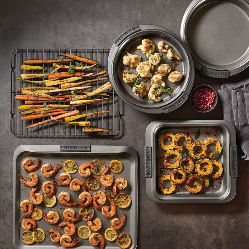 Anolon Advanced Nonstick Bakeware / Baking Set with Silicone Grips, Gray, 5-Piece Set (3 Cake Pans, 1 Cookie Sheet, 1 Rack)