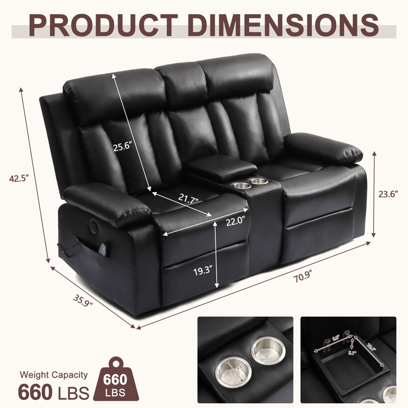 Power Recliner Loveseat with Console-70.9" Double Recliner Loveseat with Cup Holders, Side Pockets, USB Charging Ports, Leather (NO HEAT AND MASSAGE) 