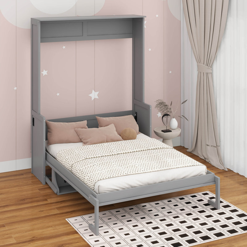 Grand lit escamotable avec bureau, lumières DEL et USB, gris