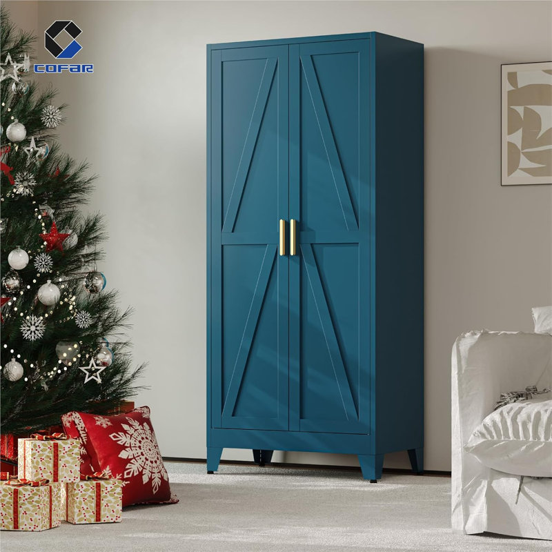 Armoire de rangement en métal, armoire en métal de 61 po de hauteur avec 3 tablettes réglables et portes de grange, rangement pour placard de ferme pour le garde-manger de la cuisine, bleu paon à 4 niveaux