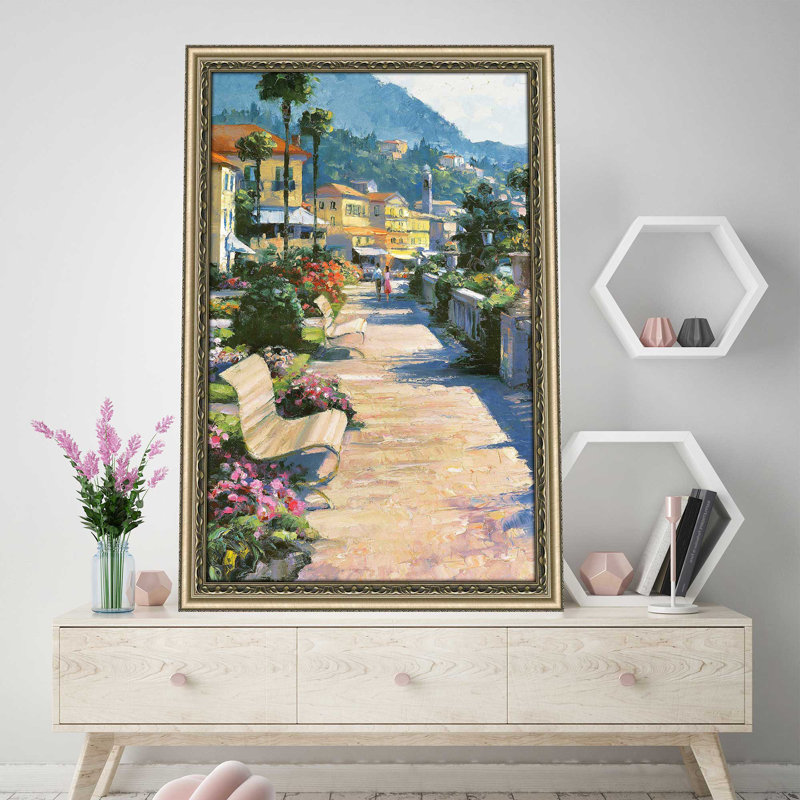 «Bellagio Promenade I» par Howard Behrens - Peinture, Encadrement champagne, H 27,5 po x l 21,5 po x P 0,75 po