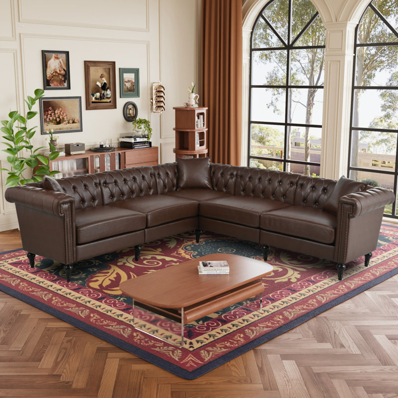 Canapé modulaire réversible en L Chesterfield, Simili cuir brun foncé