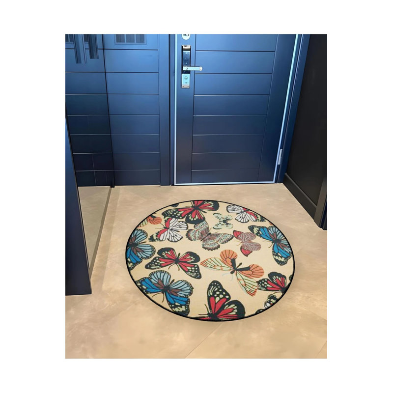 Multicolored Butterflies On A Beige Background Woven Base Decorative Carpet, Round 2'8"