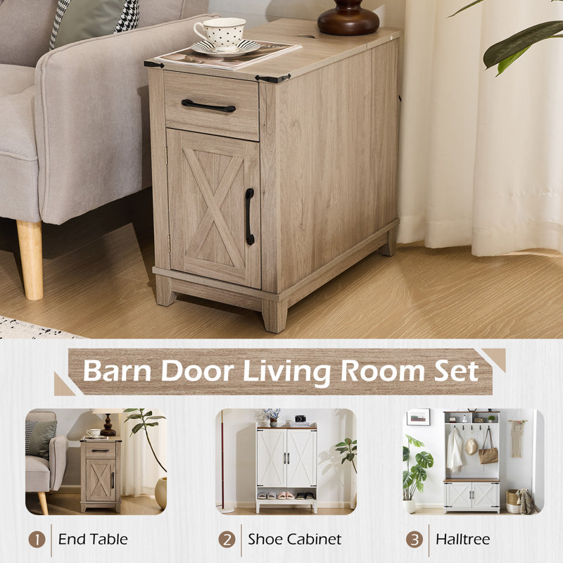  Farmhouse End Table with Charging Station – Narrow Side Table and Nightstand with Drawer, Storage Cabinet and Adjustable Shelf,Gray