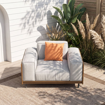 40.94" Outdoor Patio Armchair with Wood Trim, Deep Seat All-Weather Club Chair with Pillow, Beige