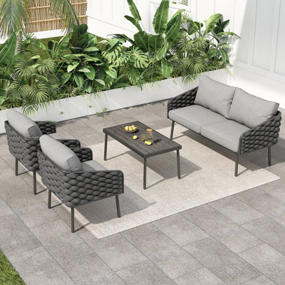 4-Pieces Outdoor Metal Patio Furniture Set, 4-Seat Patio Furniture Sofa Set With Cushion, Modern Outdoor Furniture Deep Seating For Porch, Garden, Backyard, Balcony, Grey
