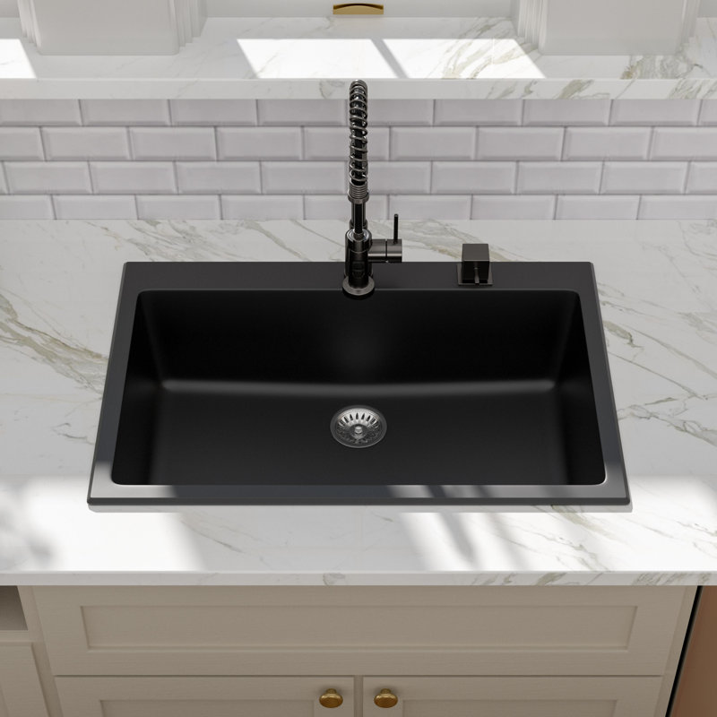 33'' L x 22‘’ W Quartz Drop-In Single Bowl Kitchen Sink with Sink Grid, Strainer and Roll-up Rack