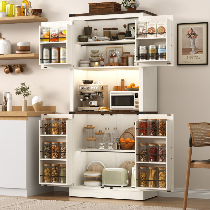 72" Kitchen Pantry With LED Light, Power Outlet And Shelves At Doors., White