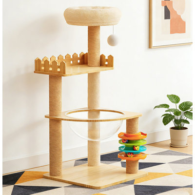Tour à chat moderne de 39,3 po, tour à chat en bois pour chats d'intérieur, arbre à chat avec poteaux à griffes recouverts de sisal et perchoir supérieur, condo pour chat avec hamac en acrylique et jouets pour petits chats de grande taille