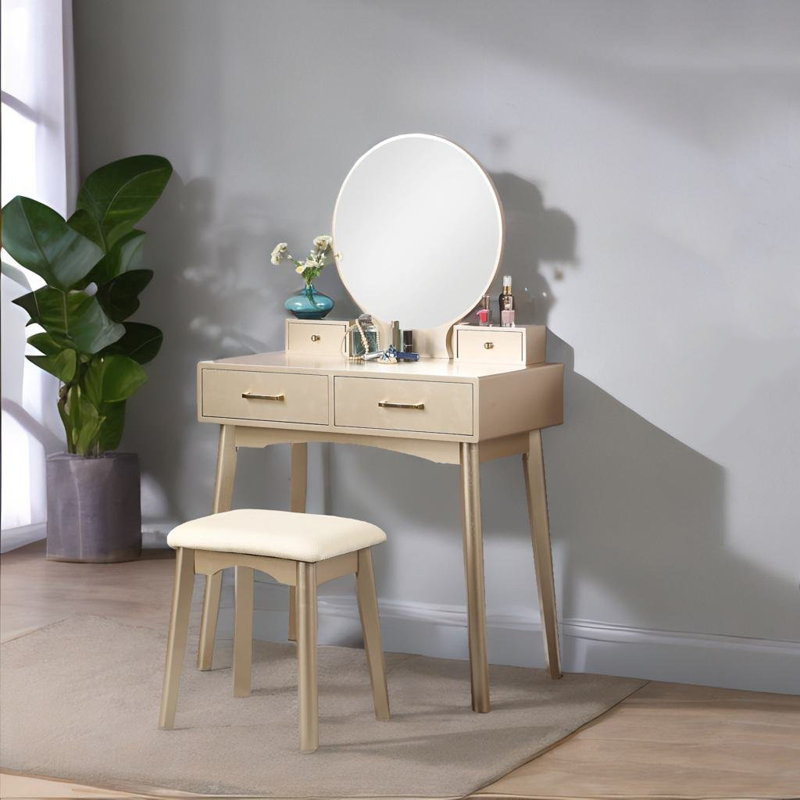 Wood Vanity and Stool Set, Gold