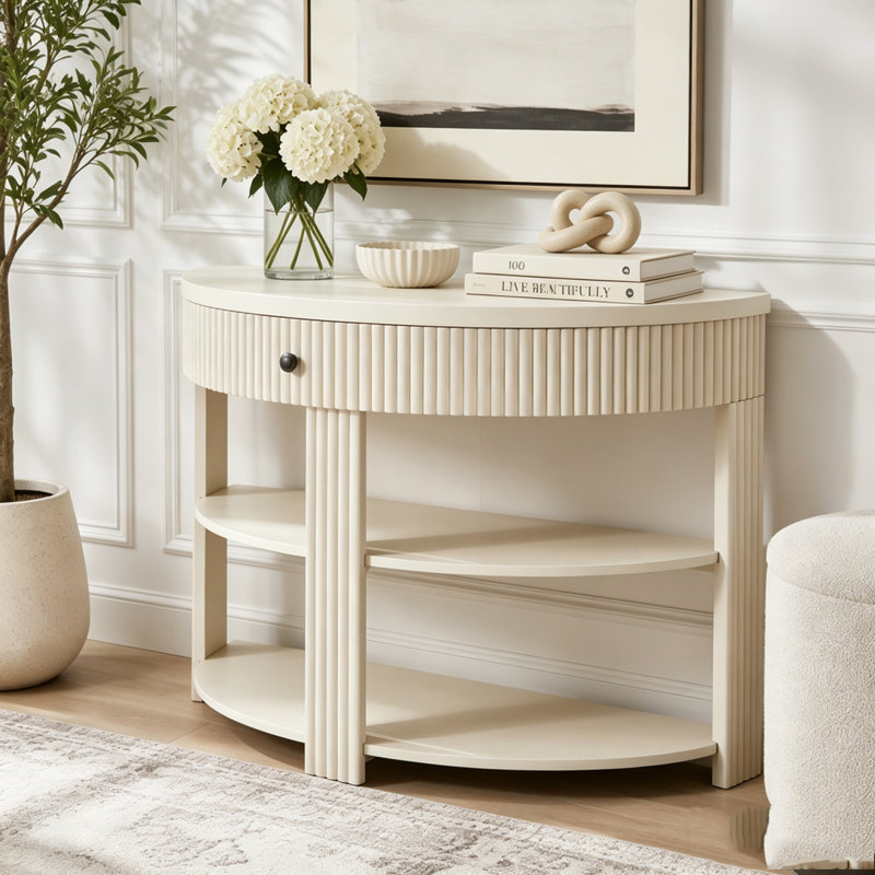 Console demi-lune cannelée avec tiroir et tablettes, Crème