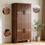 Armoire de cuisine de 69 po de hauteur avec porte coulissante, armoire de rangement moderne avec 5 tablettes réglables, conception à bord courbé pour la salle à manger, la cuisine, le salon, le bureau, finition noyer-1134021158