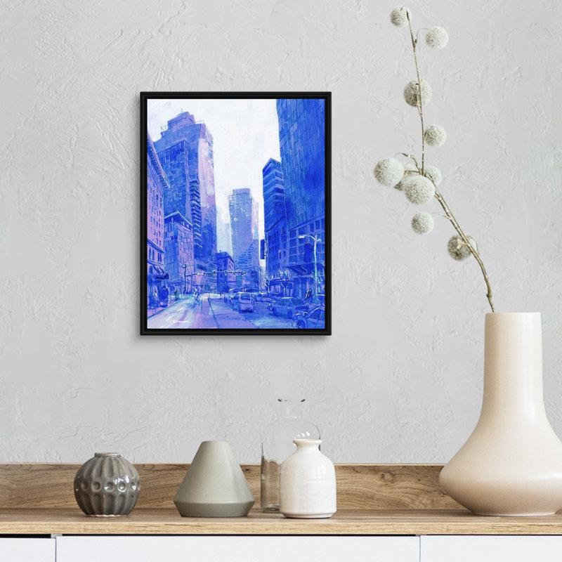 «Second Avenue in Blue - Downtown Seattle, Washington» par Eleanor Doughty, reproduction sur toile, Toile avec cadre noir