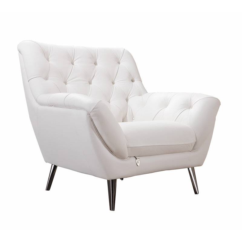 Fauteuil capitonné Bodell de 106,68 cm de large, Cuir véritable blanc