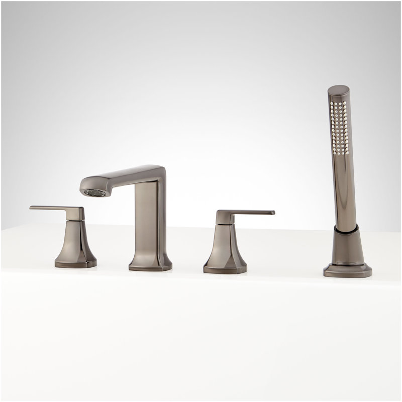 Sefina 4-Hole Roman Tub Faucet and Hand Shower with Rough-In Valve - Gunmetal, Gunmetal