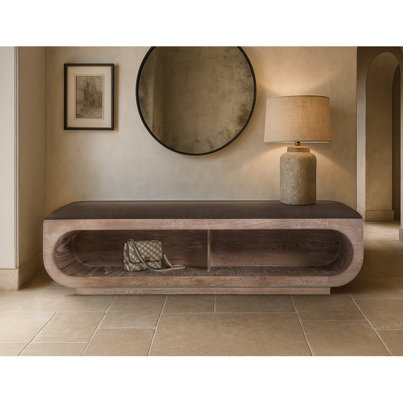 Banc en bois avec siège rembourré et rangement ouvert en dessous., Brun, Naturel