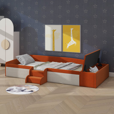 Twin Size Daybed Enveloped In Soft Fabric, Comes With Steps & Gas-Lift Storage Ottoman, Equipped With Padded Guardrails