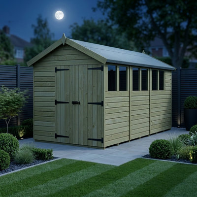 Total Sheds 7ft x 14ft Apex Garden Shed - Double Door - With Windows - Pressure Treated Timber - UK Manufactured