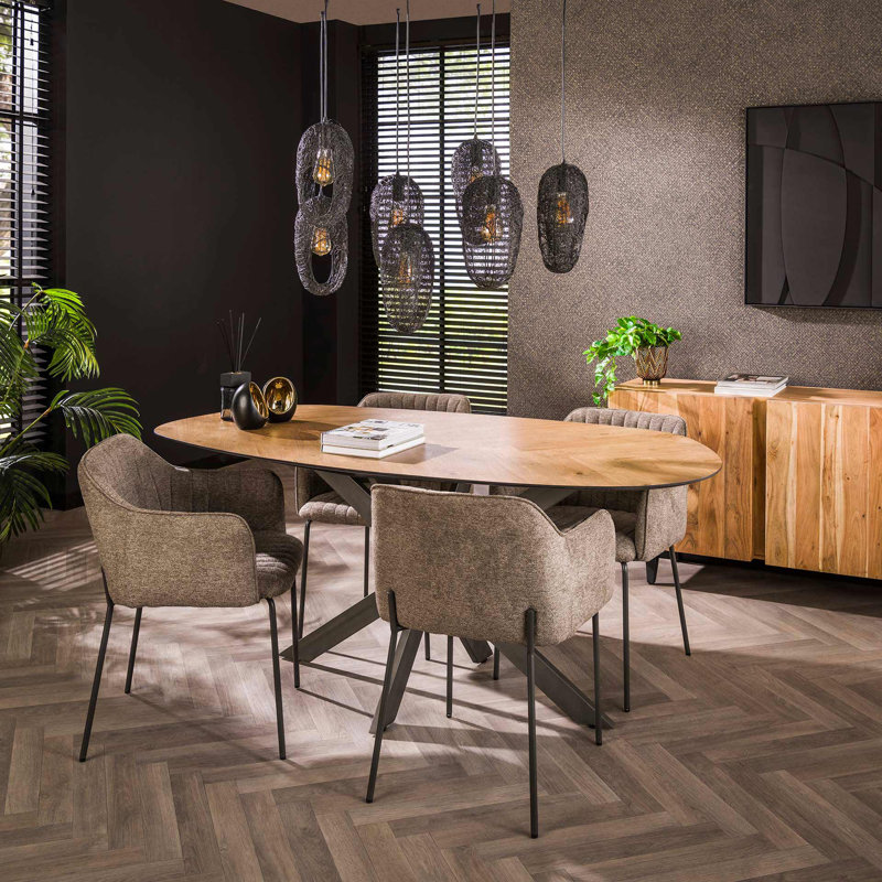 Maris Teak Solid Wood Top Metal Base Dining Table, 77cm H x 180cm L x 85cm W