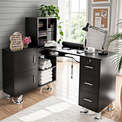 Avriel L-Shaped Manicure Table with Drawers and Shelves for Storage, Nail Table Station with Electric Dust Collector, Wrist Cushion