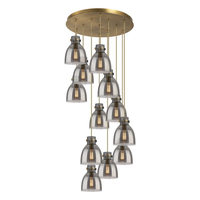 Luminaire suspendu 12 lumières Amrith, Laiton brossé, Gris fumée clair