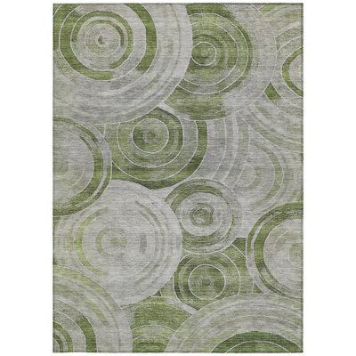 Tapis intérieur/extérieur lavable, motif géométrique vert artichaut et argent, 2,74 m x 3,66 m