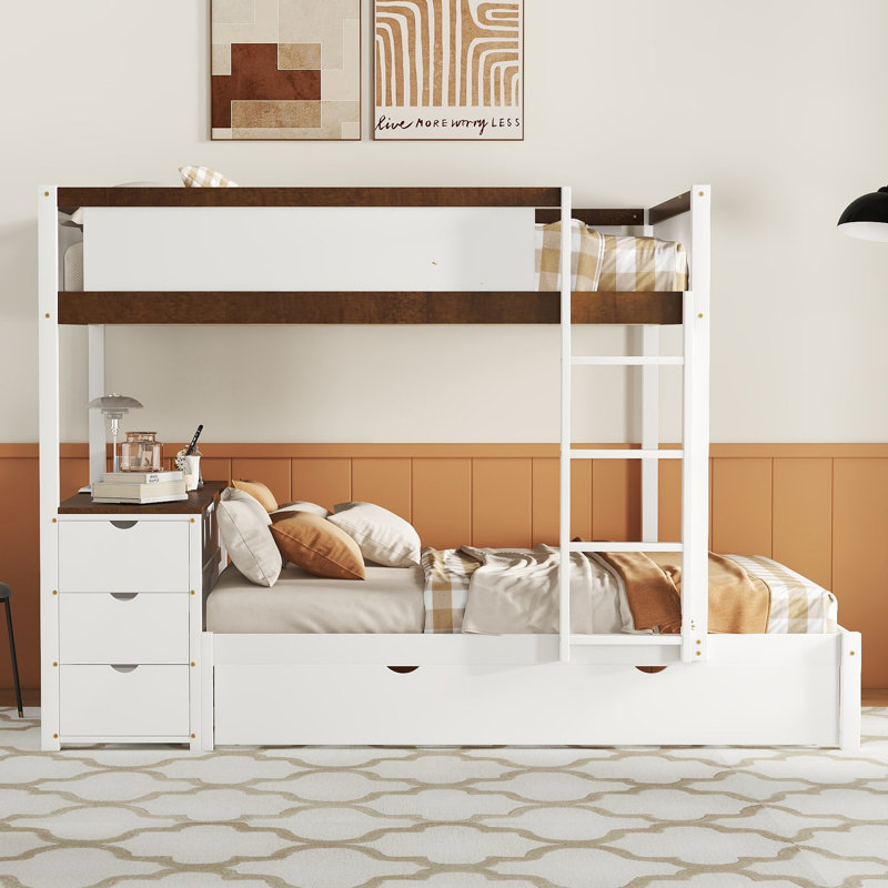 Lit superposé double avec lit gigogne simple, rangement et bureau, blanc et noyer