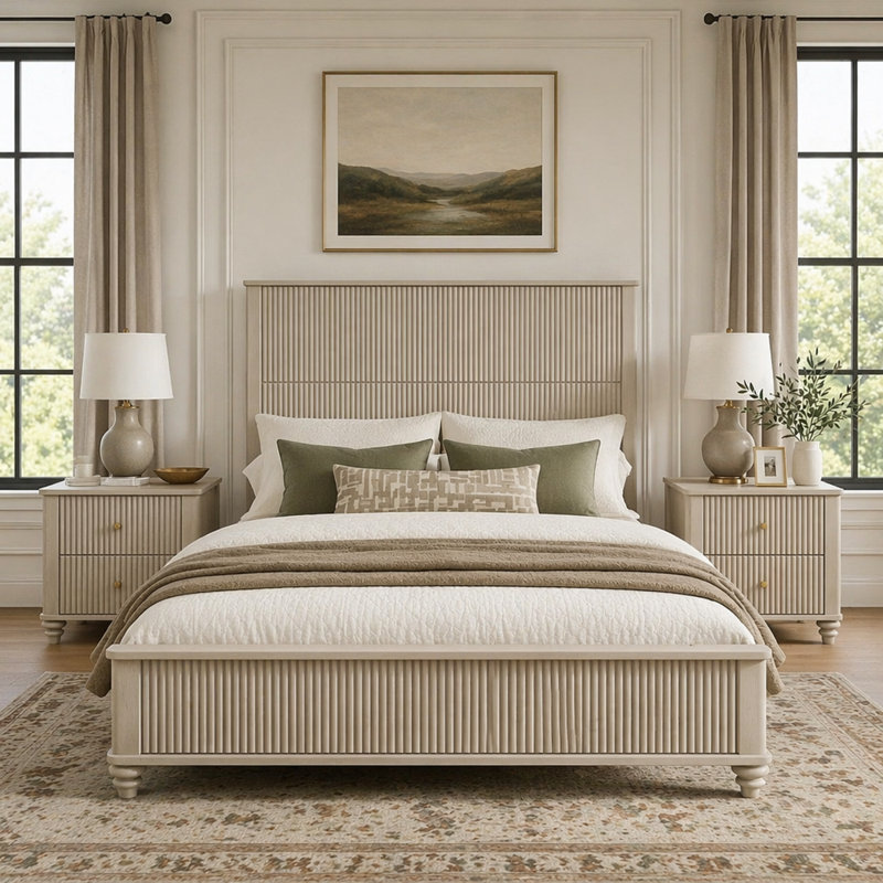 Base de lit plateforme en bois massif avec tête de lit haute, Beige, Queen