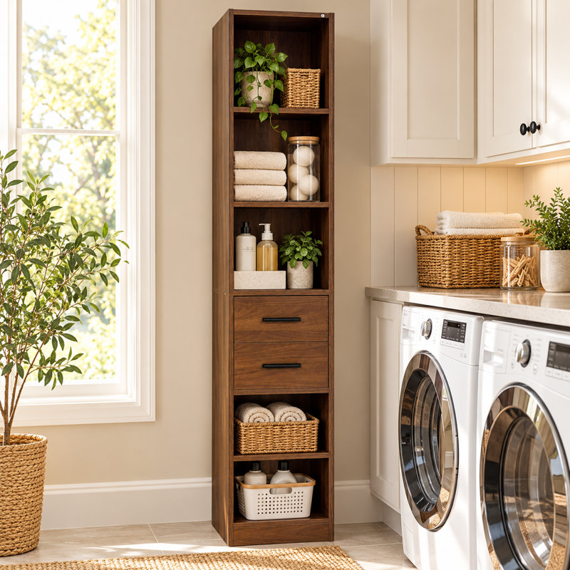 71" Tall Narrow Bathroom Storage Cabinet, Slim Freestanding Linen Tower with 5 Open Shelves and 2 Drawers