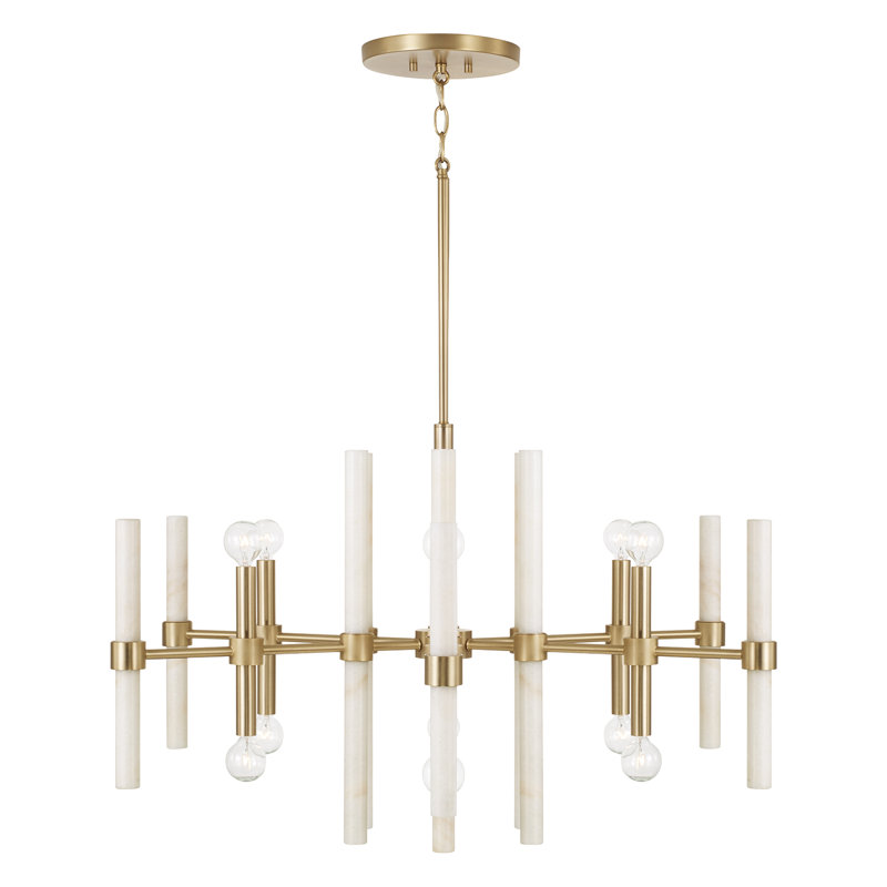 34.75" W x 20" H 8-Light Chandelier in Matte Brass with Real White Marble Rods