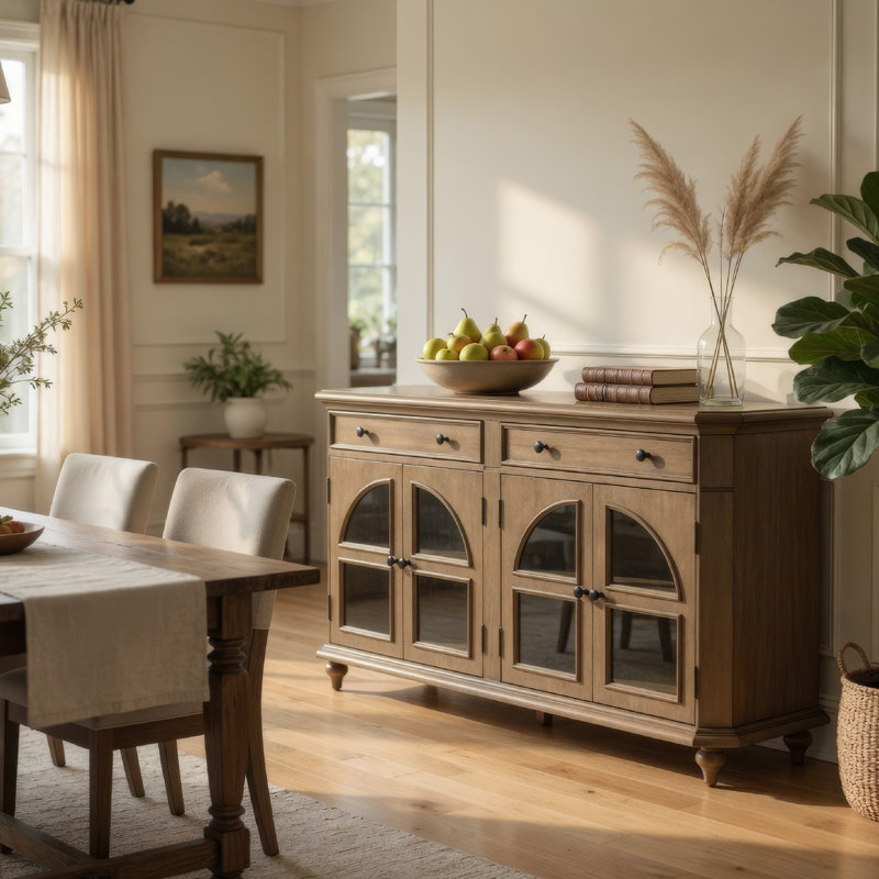 Armoire d'appoint Bayi, 4 portes arquées en verre et 2 tiroirs, brun 68 po
