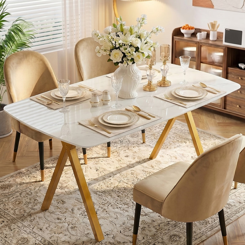 51.3''L X 27.7''W White Marble Pattern Dining Table with Tempered Glass Top & Metal Legs, Gold Base
