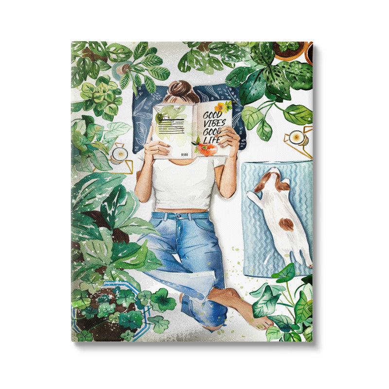Fille, lecture de livre avec chien, art mural par Enya Todd, H 48 po x l 36 po x P 1,5 po