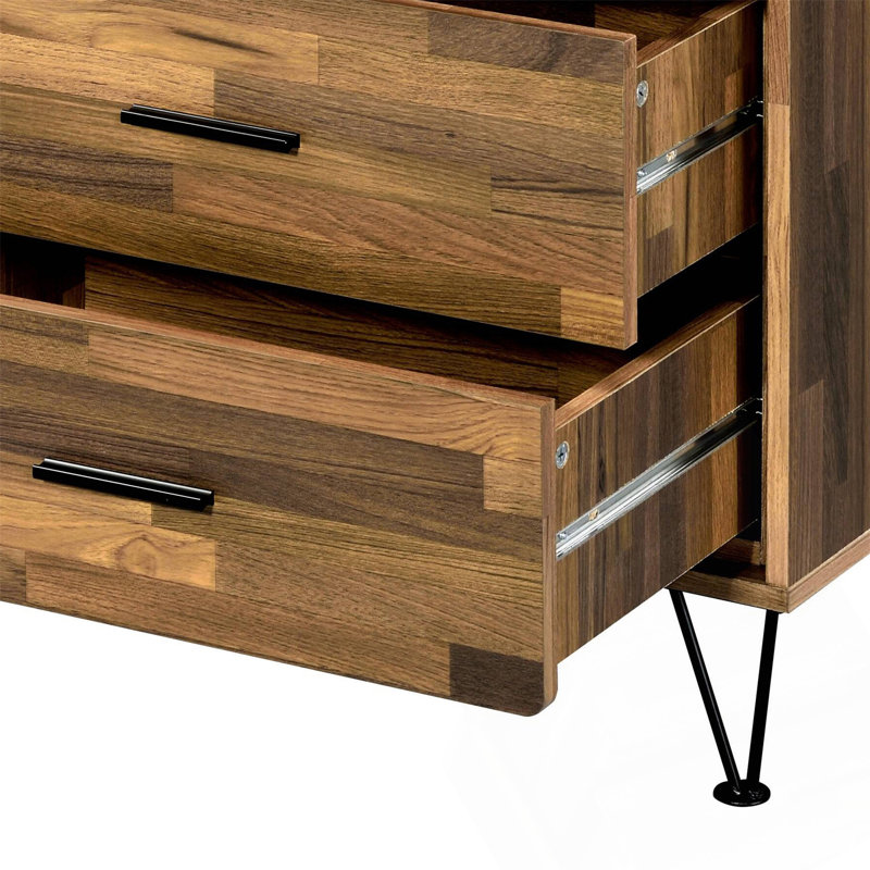 Commode avec six tiroirs coulissants et une tête de lit à rangement intégrée pour les chambres à coucher modernes.