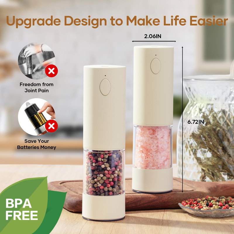 2 Pack Electric Salt And Pepper Grinder Set - USB Rechargeable Automatic Salt Pepper Mill Shaker With LED Light, Adjustable Coarseness, One Hand Operation