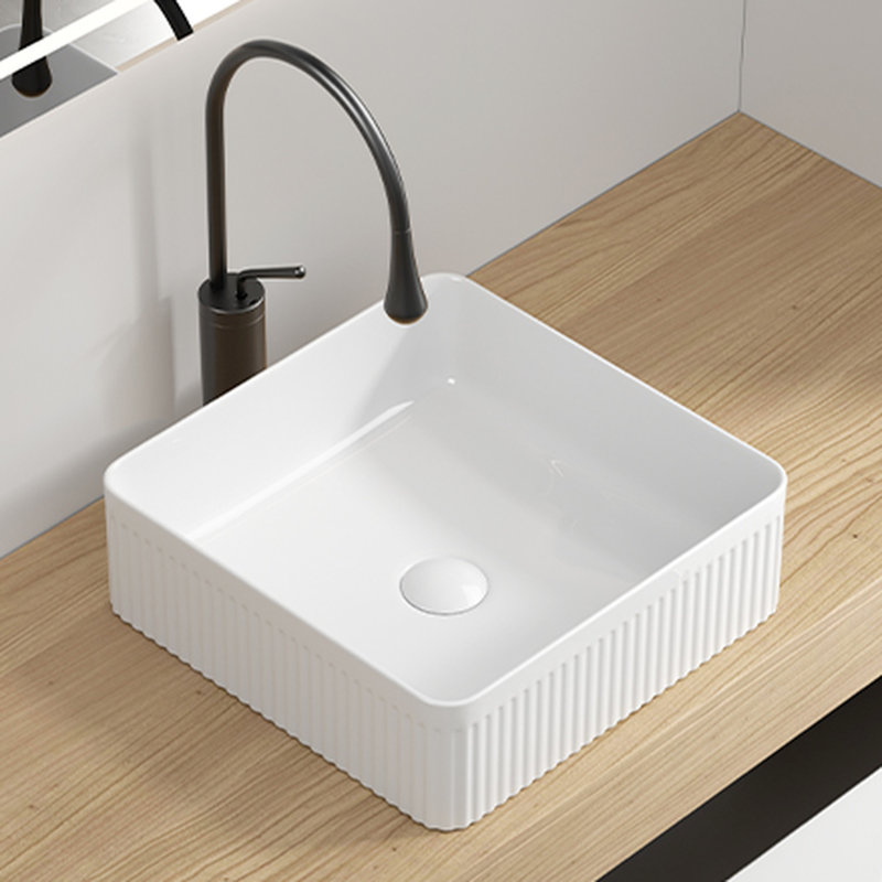 Porcelain Ceramic Rectangular Vessel Sink 15X15 Inches, Milk White, Striped Design, Ideal For Bathroom Redesign, Fade - 15 Inch Sink, Visual Elegance In Bathroom, Non Porous Build