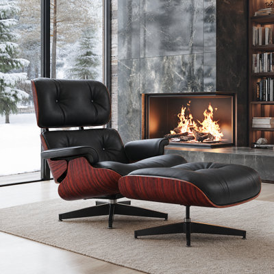 Méridienne Mid-Century en cuir véritable avec repose-pieds et structure en bois massif pour le salon, la salle d'étude et la chambre d'amis